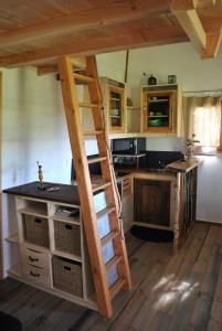Chaussan艾图纳尔贝沏山林小屋的一间厨房,房间中间有梯子