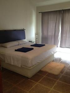 普拉亚卡门Quinta Palmeras的一间卧室配有一张大床,上面有蓝色的毛巾
