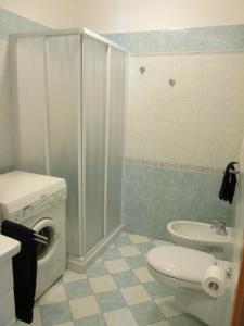 Roncegno黛博拉公寓的浴室配有卫生间、盥洗盆和洗衣机。