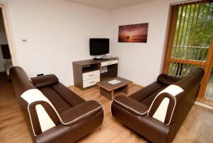 南安普敦南安普敦酒店式公寓的客厅配有2把皮椅和电视