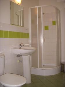 斯塔勒斯普拉维Pension Fami Retro Design的一间带水槽、淋浴和卫生间的浴室