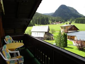 格绍萨姆斯宾馆的阳台享有农场和山脉的景致。