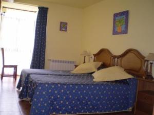 Camango罗伊洛瓦村庄旅馆的一间卧室配有一张带蓝色毯子的床和窗户。