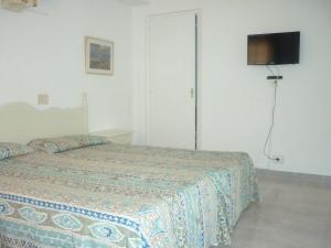 埃尔阿雷纳尔霍巴公寓酒店的卧室配有一张床,墙上配有电视。