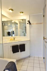 石勒苏益格Hotel Bed & Breakfast am Dom的浴室配有盥洗盆和带镜子的淋浴