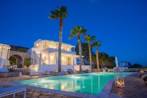 阿吉亚艾里尼帕罗Villas Agia Irini Cove的夜间带游泳池的别墅