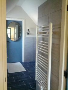 迪弗尔Vakantie appartement in dorpskern的浴室设有淋浴、镜子和蓝色的墙壁