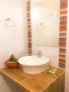 圣洛伦索Canarias Bed & Breakfast的一间带水槽和镜子的浴室