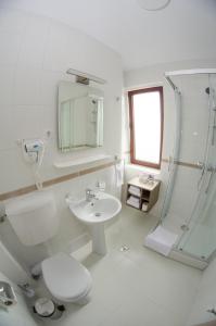 图尔达Potaissa Hotel的白色的浴室设有卫生间和水槽。