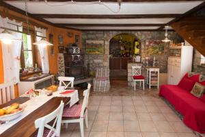 PliskovicaRozina Vacation House的厨房以及带红色沙发的起居室。