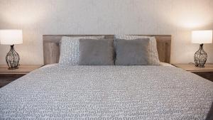 拉齐布日Apartament Piano的一间卧室配有一张带枕头的床和两盏灯。