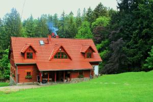 斯克拉斯卡波伦巴Wysoka 5的绿色田野上一座红色屋顶的房子
