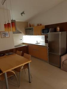 诺维格勒伊斯特拉Apartment Lency的厨房配有桌子和不锈钢冰箱。