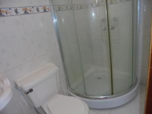 里奥班巴Chimborazo的带淋浴、卫生间和盥洗盆的浴室