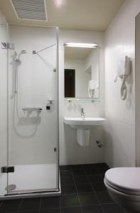 佩奇拉特龙酒店的带淋浴、盥洗盆和卫生间的浴室