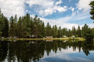 莱文沃思Leavenworth Camping Resort Cottage 5的享有树木和房屋的湖泊美景。