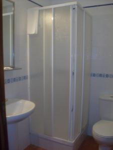 萨尔堡萨拉提亚酒店的带淋浴、卫生间和盥洗盆的浴室