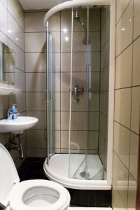 汉堡City Hotel - HEEFA OHG的带淋浴、卫生间和盥洗盆的浴室