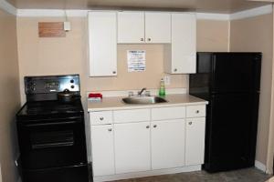 艾伯尼港Bluebird Motel的厨房配有黑色冰箱和水槽
