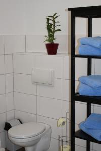 ErmstedtKleines Schmuckstück的浴室设有卫生间和一些蓝色毛巾。