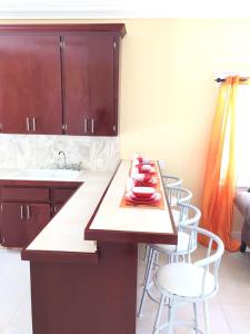 Behring PointMangrove Cay Sea View Villas的厨房配有红色菜肴的桌子