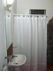 科塔德拉斯Cabañas Calma Chicha的一间带水槽和淋浴帘的浴室