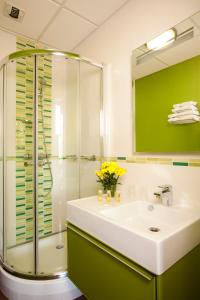 吕克瑟伊莱班Hotels & Résidences - Le Metropole的一间带水槽和玻璃淋浴的浴室