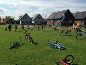 布列登Camping Ter Hoeve的一群人在公园里玩,在草地上骑着自行车