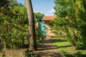 塔尔奎尼亚Agriturismo Valle del Marta的穿过花园的小路,花园内种有树木,房子里