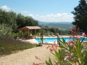 圣萨蒂南艾普特Les Cerises的一个带凉亭的游泳池,享有山景