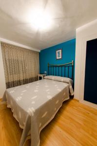 CastelserásCasa Rural El Solanar的一间设有一张大床的卧室,位于带蓝色墙壁的房间