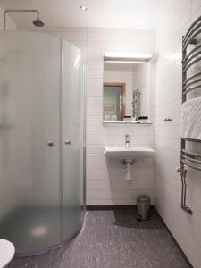 HörbyRingsjöstrand Hotel的带淋浴和盥洗盆的浴室