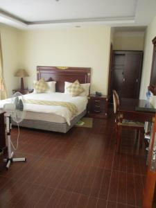 阿克苏姆Sabean International Hotel的一间卧室配有一张床和一张带风扇的书桌