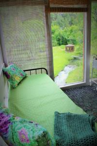温泉城River Falls Lodging -Black Hills, South Dakota的窗户客房内的一张绿色床