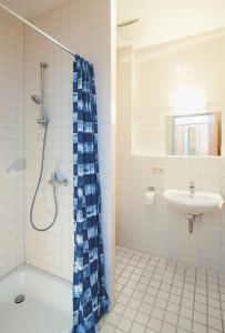 雷根斯堡Hotel Hottentotten的带淋浴和盥洗盆的浴室