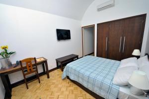 卡萨帕瓦Arcadas Hotel的一间卧室配有一张床、一张书桌和一台电视
