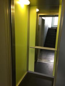 不莱梅Charmantes City-Apartment in der Altstadt的走廊上设有绿色的墙壁和带镜子的楼梯