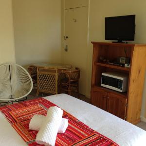 莱克斯恩特伦斯亚伯塔斯曼海滨汽车旅馆 的一间卧室配有一张带电视和桌子的床。