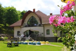 斯瓦拉瓦科夫卡别墅酒店的一座房子前面有粉红色花的院子