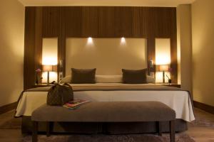 蓬特维耶斯戈普恩特维斯戈水疗大酒店的一间卧室配有一张大床和大床头板