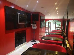 布加勒斯特Byblov Rooms Boutique的一间设有红色墙壁、红色椅子和平面电视的客房