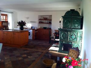 费尔德基兴沃德兰德格勒根度假屋的一间厨房,在房间内配有大型绿色壁炉