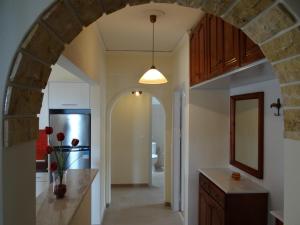 莫拉蒂卡Tassos Village House的厨房内的拱门,配有水槽和冰箱