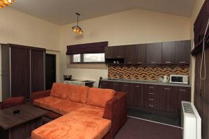 蒙塔纳Family Hotel - Restaurant Ring的带沙发的客厅和厨房