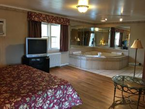 莱瑟姆Colonie Inn and Suites的带浴缸、床和电视的酒店客房