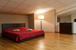 符拉迪沃斯托克里亚尔酒店的一间卧室配有一张带红色床罩和灯的床。