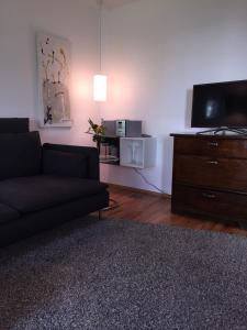 不莱梅86号花园公寓的客厅配有黑色沙发和电视