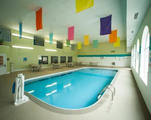 斯普林菲尔德诺斯菲尔德酒店套房及会议中心的一座带五颜六色旗帜的建筑中的游泳池