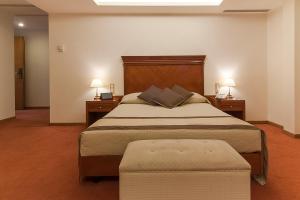 雅典伊利索斯酒店的一间卧室配有一张大床,设有两个床头柜和两盏灯