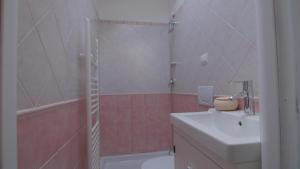 阿尔巴·阿德里亚蒂卡Appartamenti sul lungomare的带淋浴、盥洗盆和卫生间的浴室